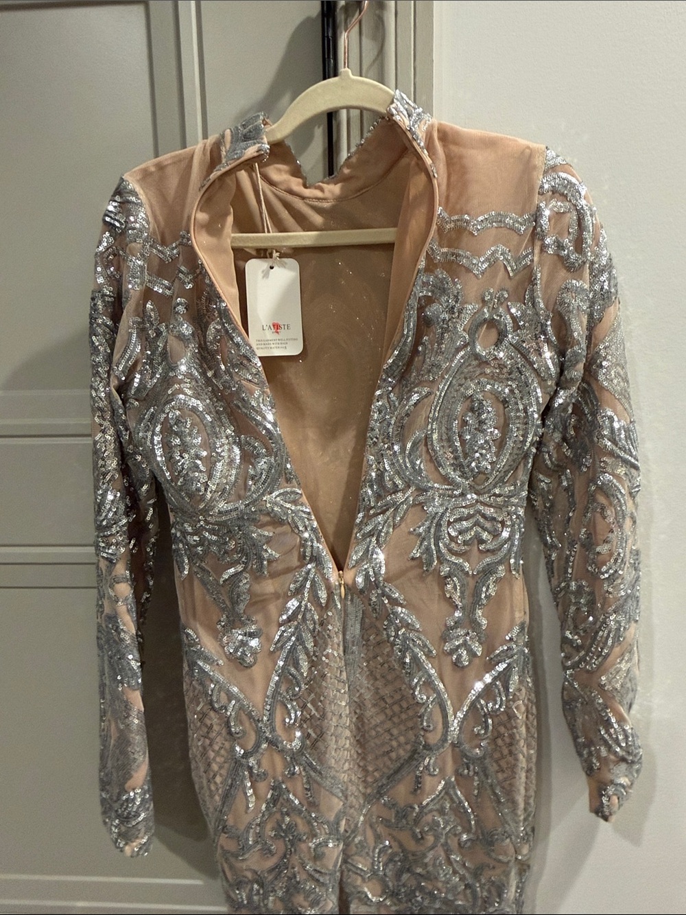 Embellished Nude Long-Sleeve Cocktail Dress with Silver Sequins by La - Picture 9 of 9